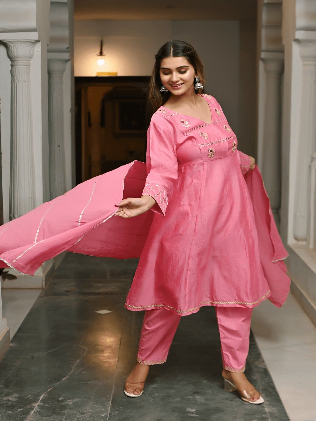 Pink Gotta Compliments A-line Kurta Set - Charkha TalesPink Gotta Compliments A-line Kurta Set