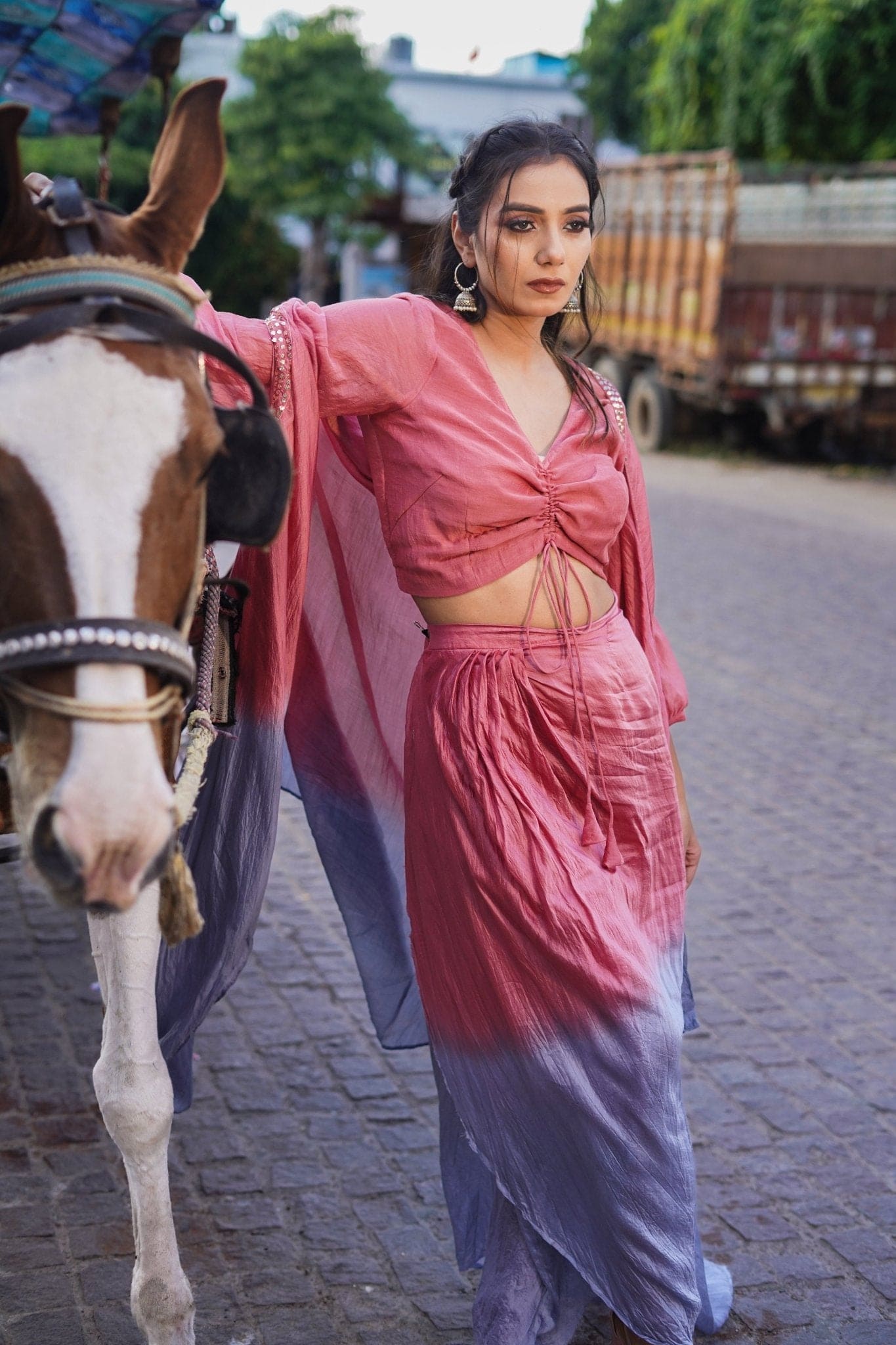 Pink & Grey Ombre Silk Top Drape Skirt Set - Charkha TalesPink & Grey Ombre Silk Top Drape Skirt Set