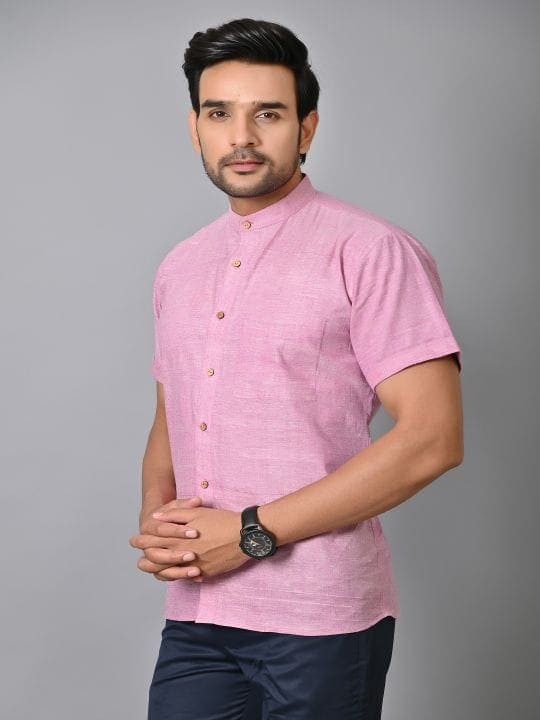 Pink Khadi Cotton Men Shirt - Charkha TalesPink Khadi Cotton Men Shirt