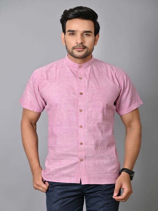 Pink Khadi Cotton Men Shirt - Charkha TalesPink Khadi Cotton Men Shirt