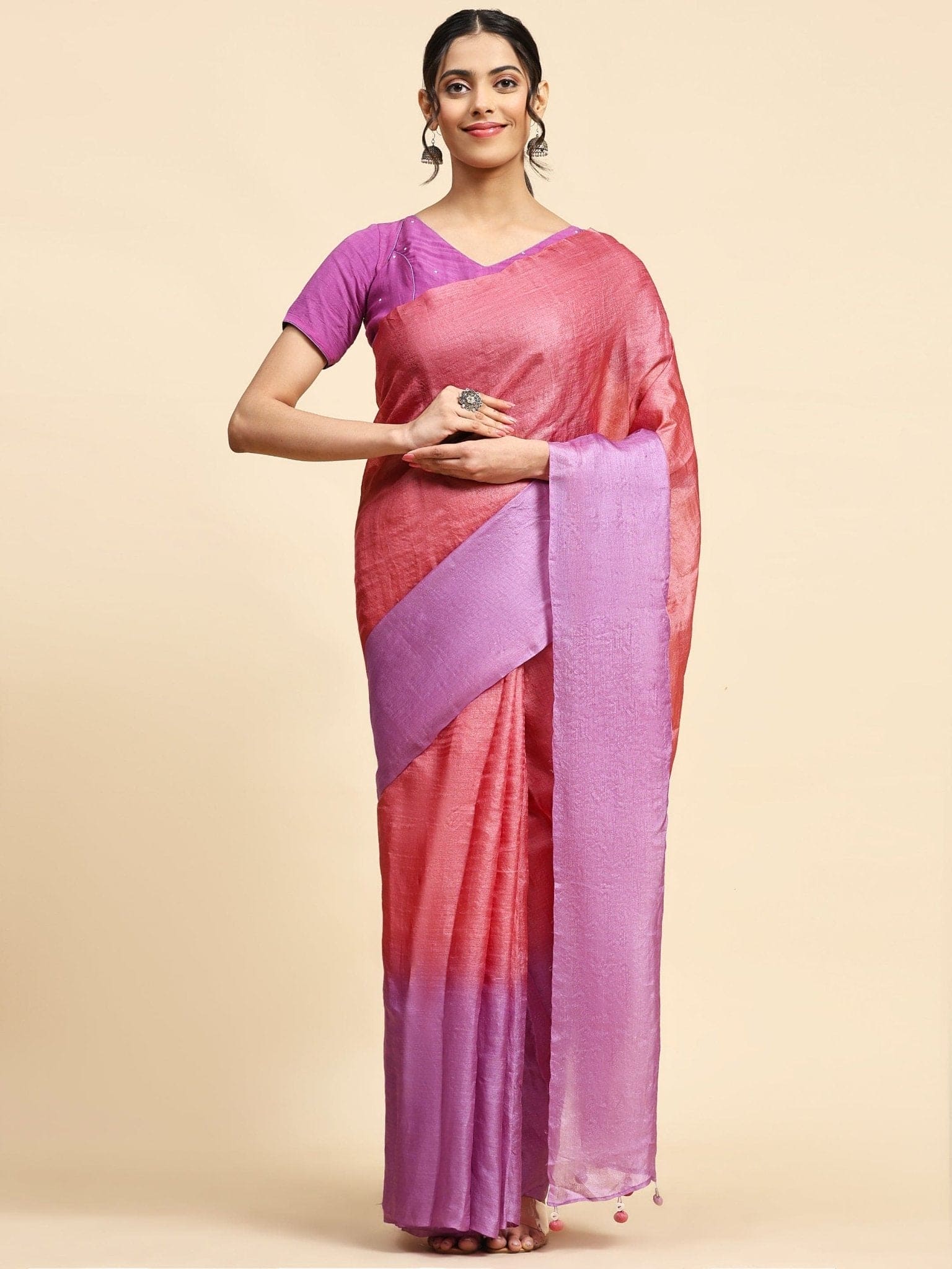 Pink & Magenta Tussar Silk Saree - Charkha TalesPink & Magenta Tussar Silk Saree