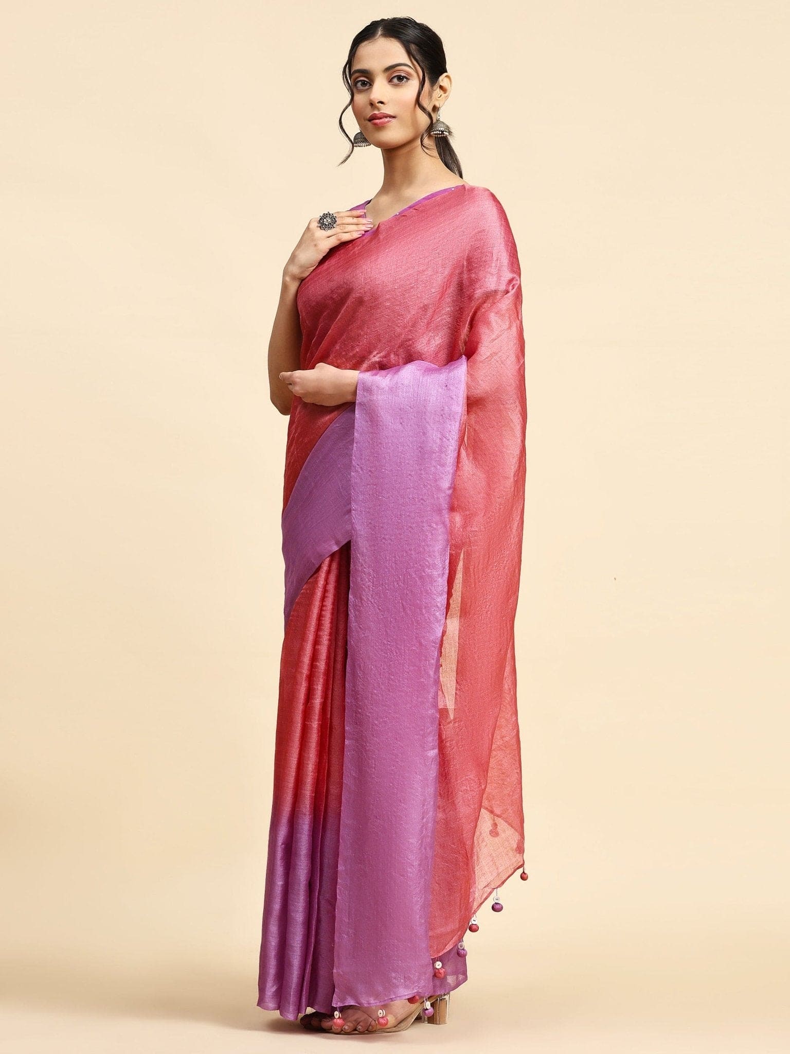 Pink & Magenta Tussar Silk Saree - Charkha TalesPink & Magenta Tussar Silk Saree