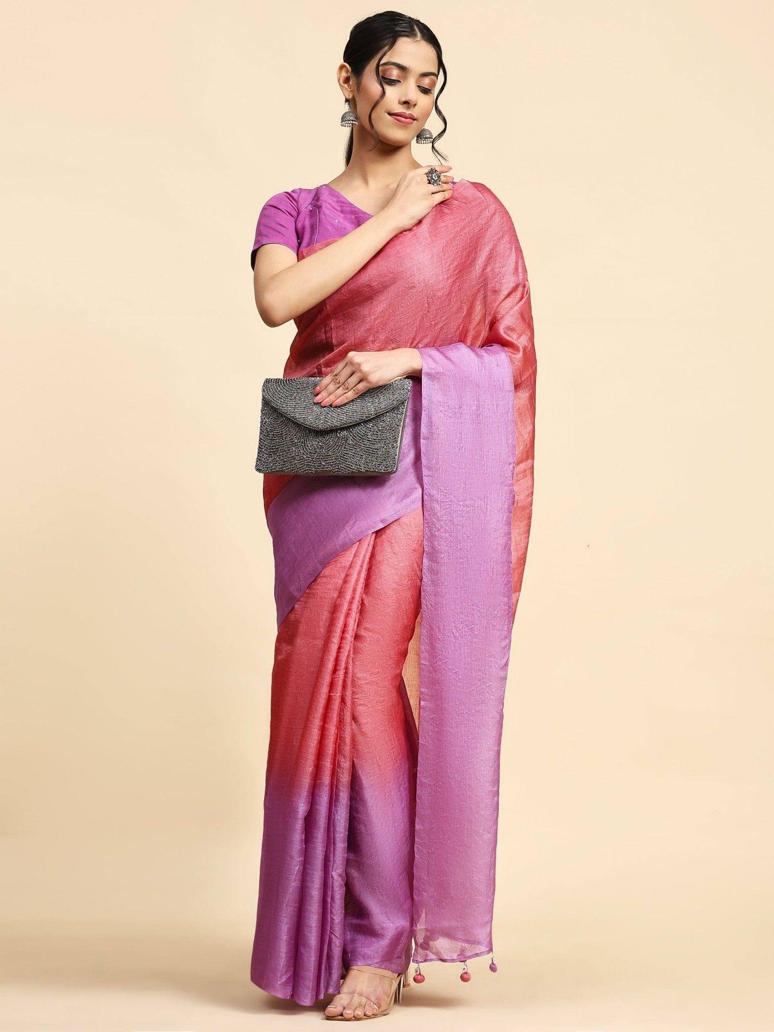 Pink & Magenta Tussar Silk Saree - Charkha TalesPink & Magenta Tussar Silk Saree