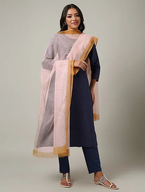 Pink-Orange Block Printed Kota Dupatta - Charkha TalesPink-Orange Block Printed Kota Dupatta