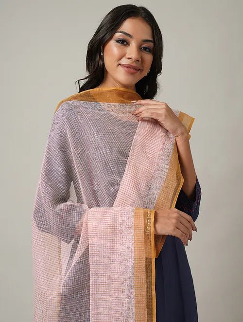 Pink-Orange Block Printed Kota Dupatta - Charkha TalesPink-Orange Block Printed Kota Dupatta