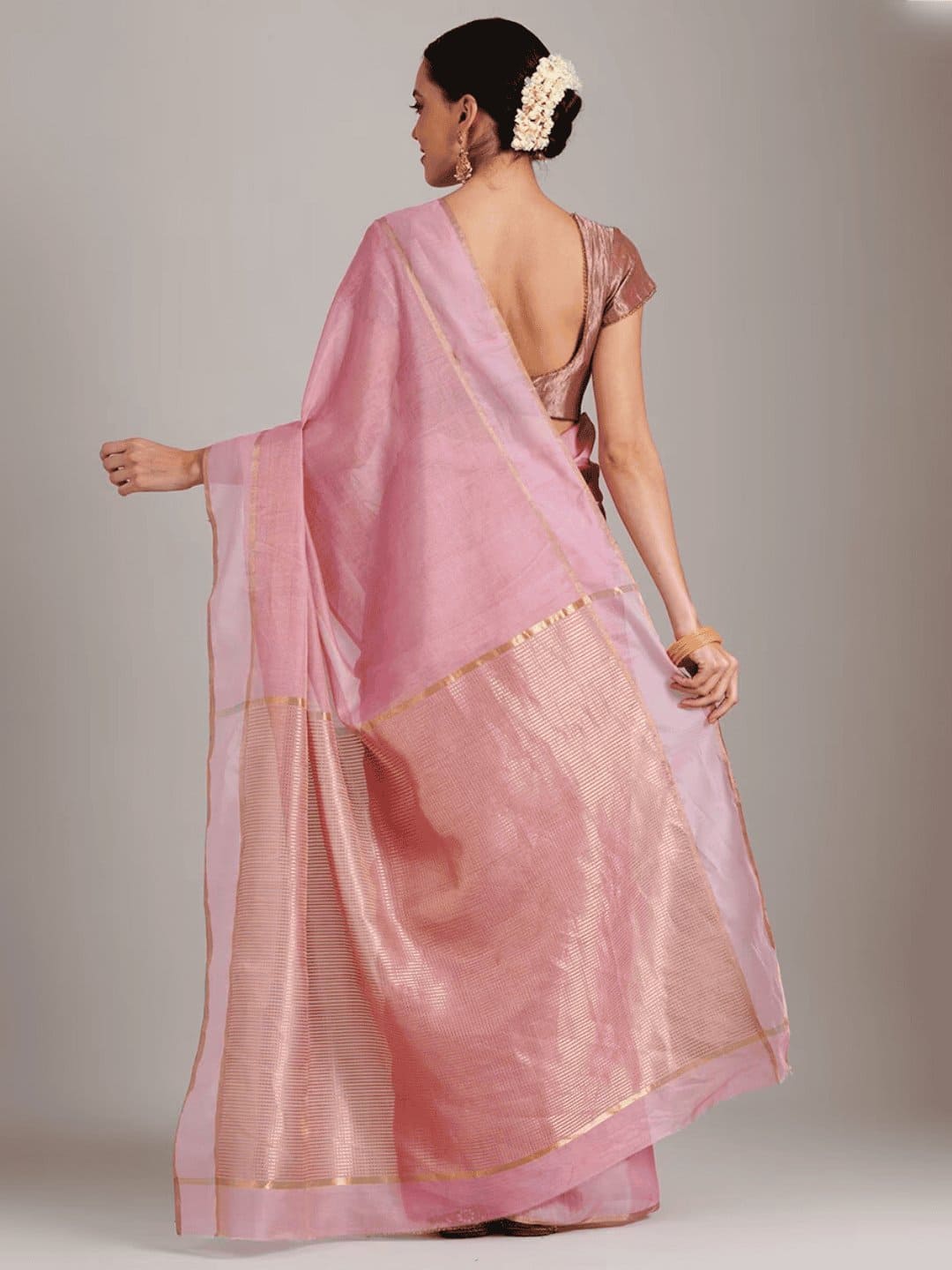 Pink Silk Chanderi Saree - Charkha TalesPink Silk Chanderi Saree
