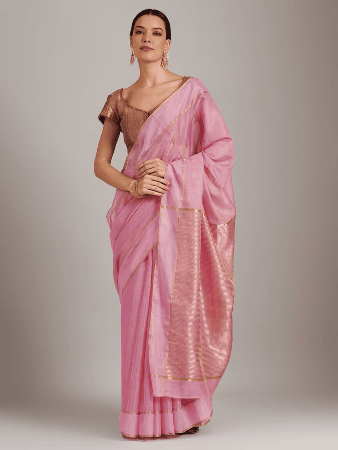 Pink Silk Chanderi Saree - Charkha TalesPink Silk Chanderi Saree