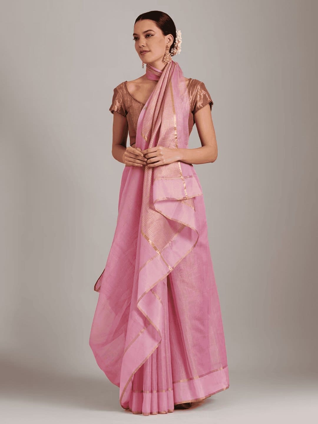 Pink Silk Chanderi Saree - Charkha TalesPink Silk Chanderi Saree