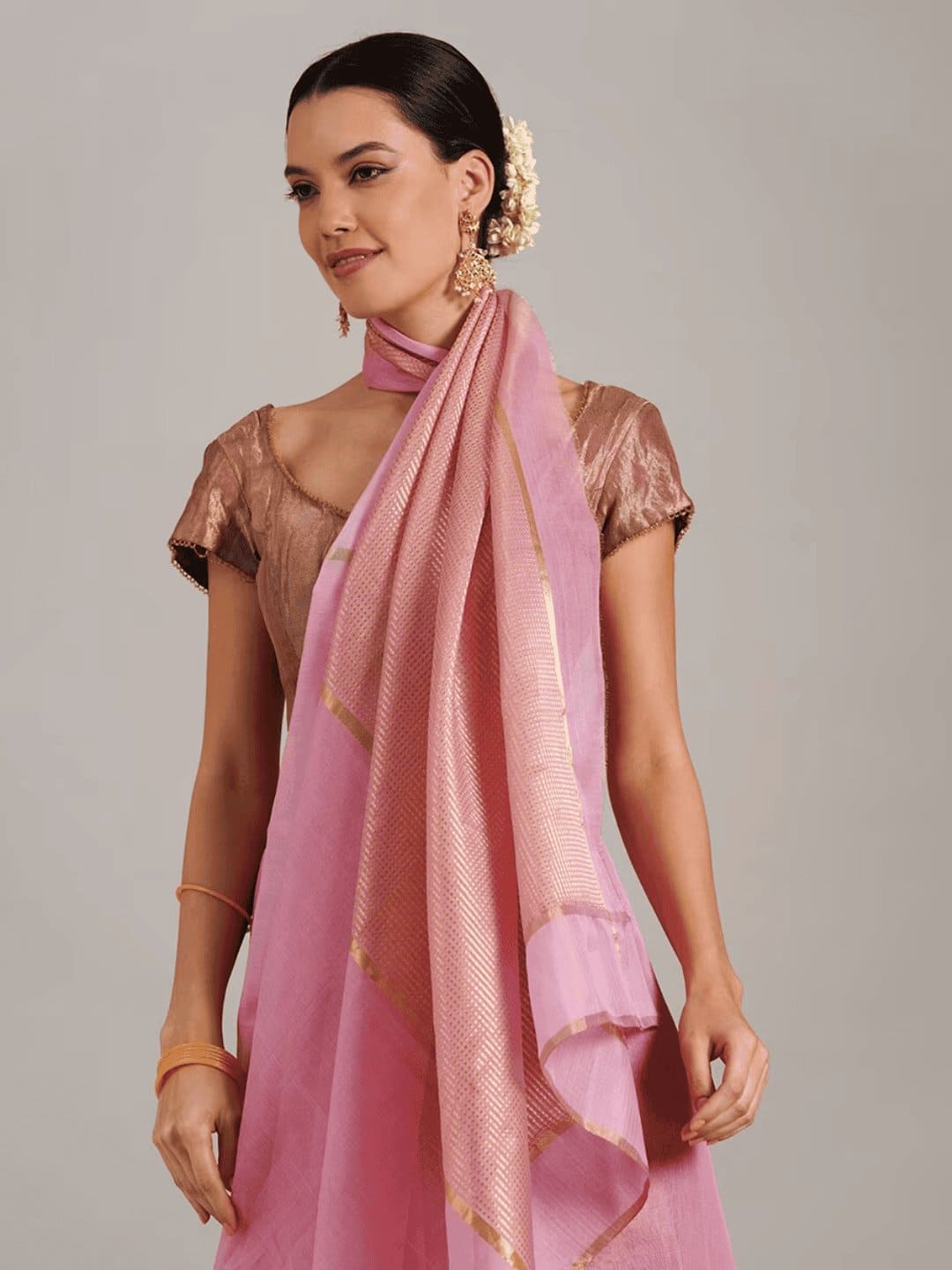 Pink Silk Chanderi Saree - Charkha TalesPink Silk Chanderi Saree