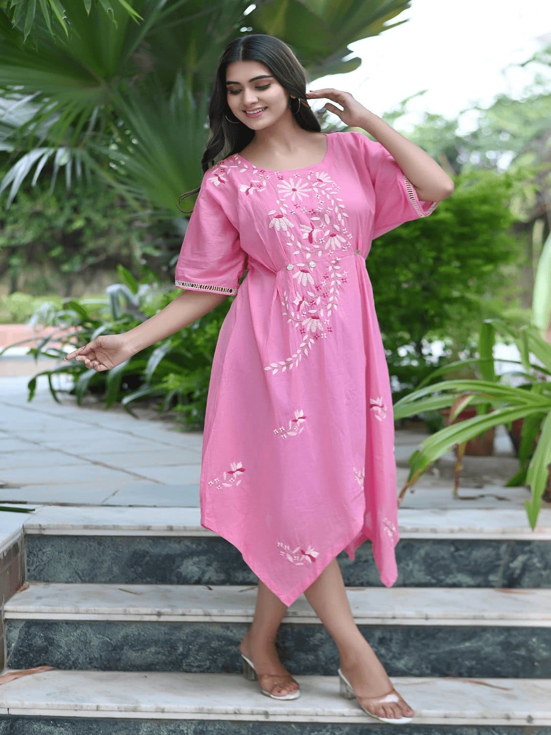 Pink Utasv Chikankari Handkerchief Dress - Charkha TalesPink Utasv Chikankari Handkerchief Dress