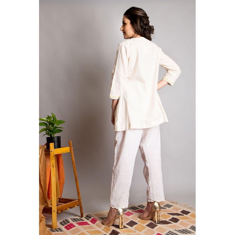 "Purity "  Off-White Chikankari Top and Pant Set of 2 - Charkha tales