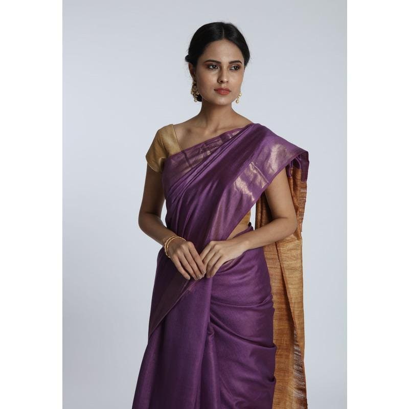 Purple & Beige Silk Saree - Charkha TalesPurple & Beige Silk Saree