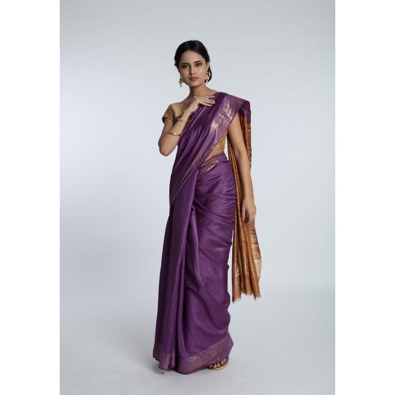 Purple & Beige Silk Saree - Charkha TalesPurple & Beige Silk Saree