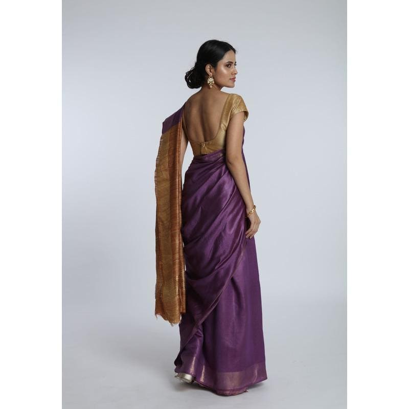 Purple & Beige Silk Saree - Charkha TalesPurple & Beige Silk Saree