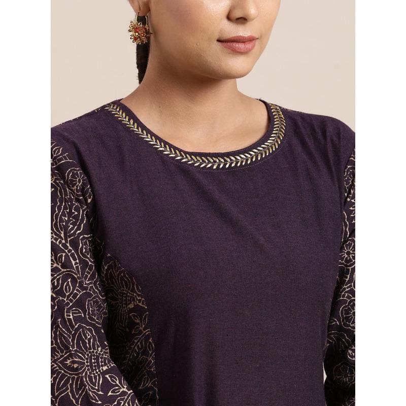 Purple Block Print A Line Dress - Charkha TalesPurple Block Print A Line Dress