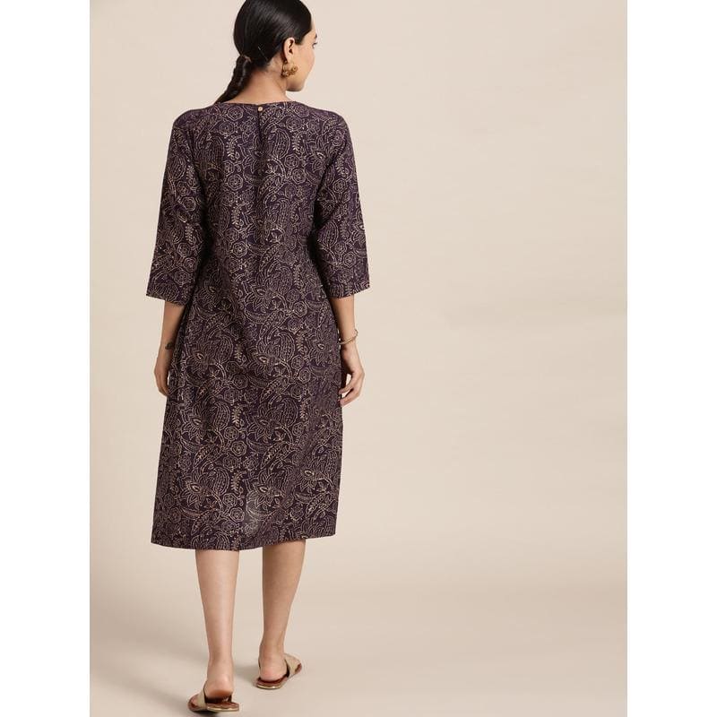 Purple Block Print A Line Dress - Charkha TalesPurple Block Print A Line Dress