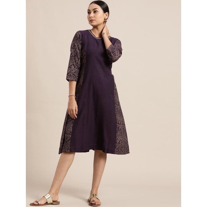 Purple Block Print A Line Dress - Charkha TalesPurple Block Print A Line Dress