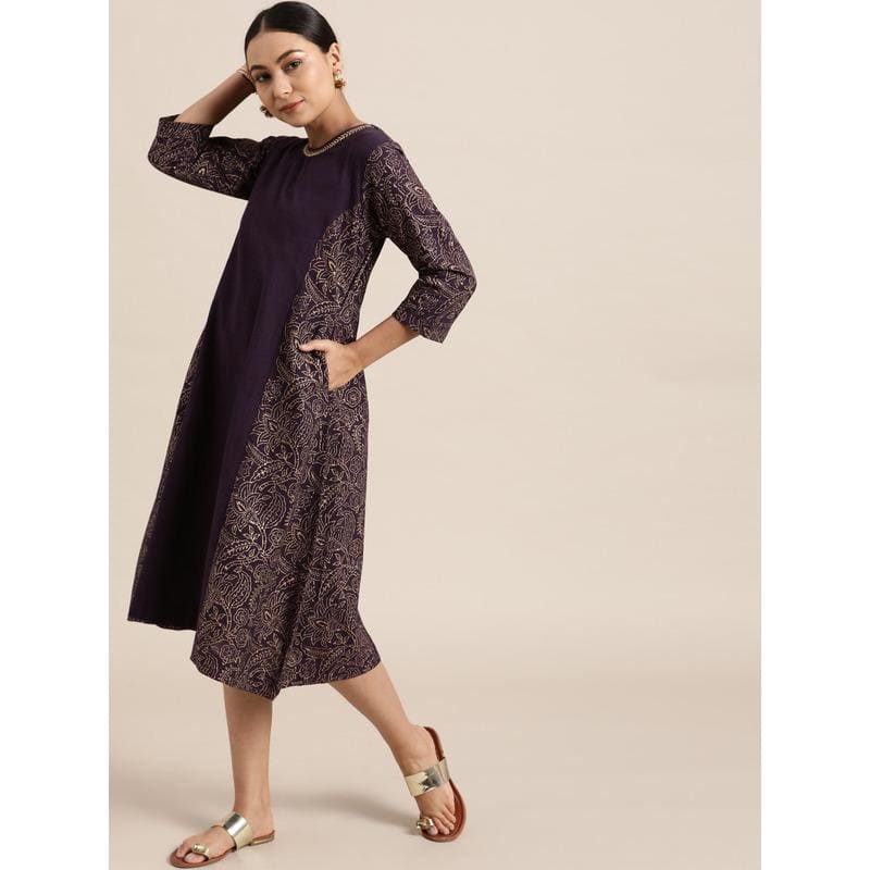 Purple Block Print A Line Dress - Charkha TalesPurple Block Print A Line Dress