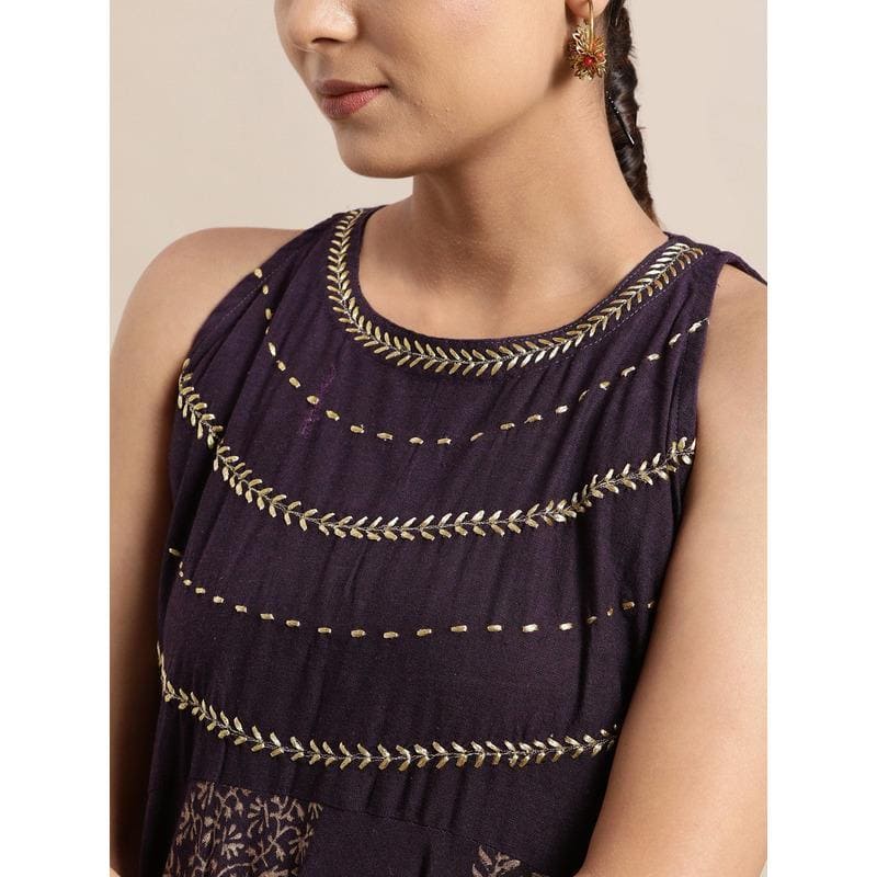 Purple Block Print Cotton Dress - Charkha TalesPurple Block Print Cotton Dress