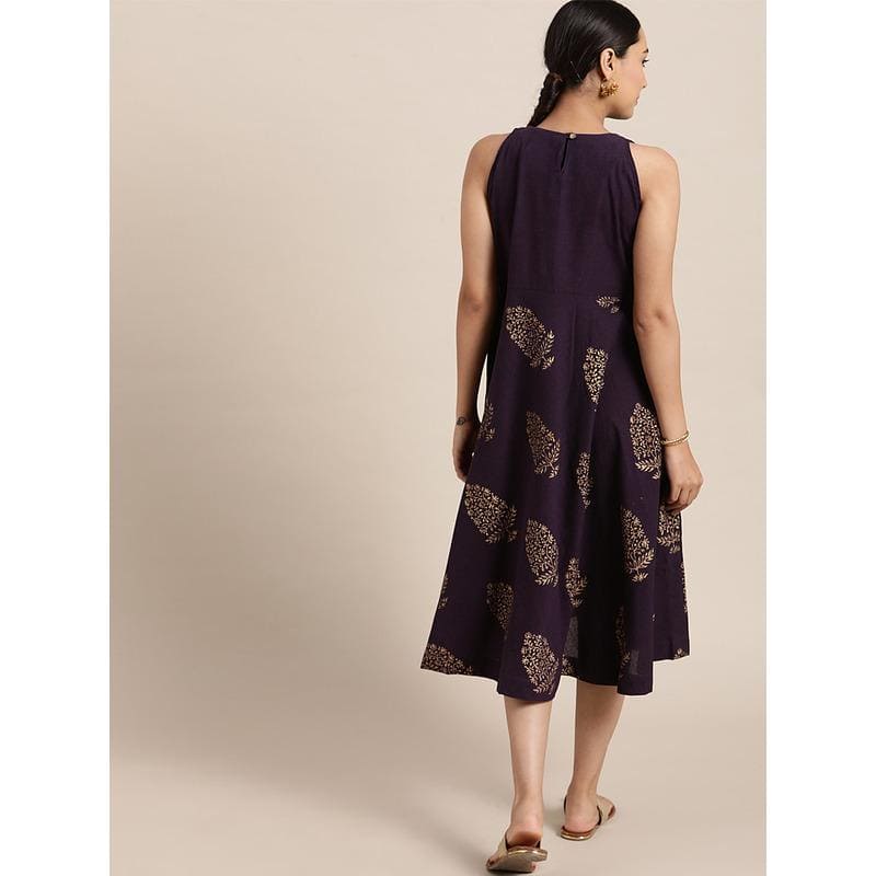 Purple Block Print Cotton Dress - Charkha TalesPurple Block Print Cotton Dress