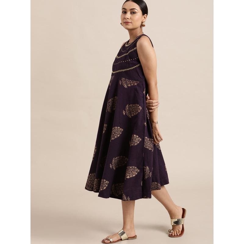 Purple Block Print Cotton Dress - Charkha TalesPurple Block Print Cotton Dress