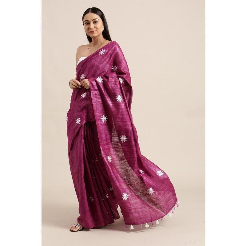 Purple Embroidered Ghiccha Silk Saree - Charkha TalesPurple Embroidered Ghiccha Silk Saree