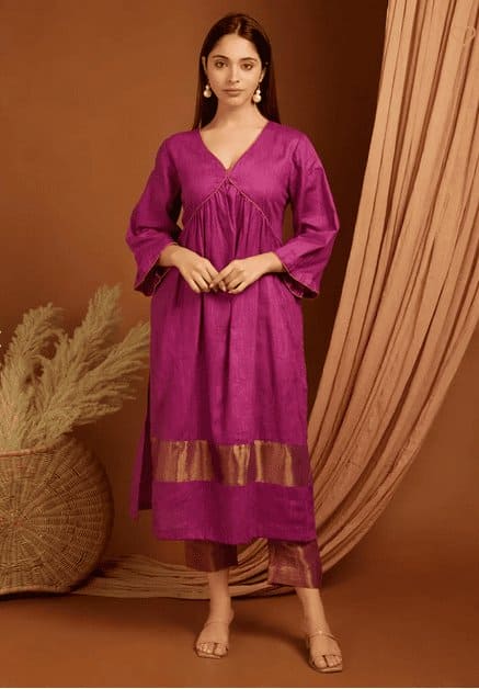 Purple Gathered Linen Kurta Set - Charkha TalesPurple Gathered Linen Kurta Set