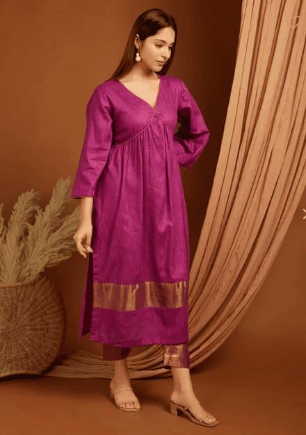 Purple Gathered Linen Kurta Set - Charkha TalesPurple Gathered Linen Kurta Set