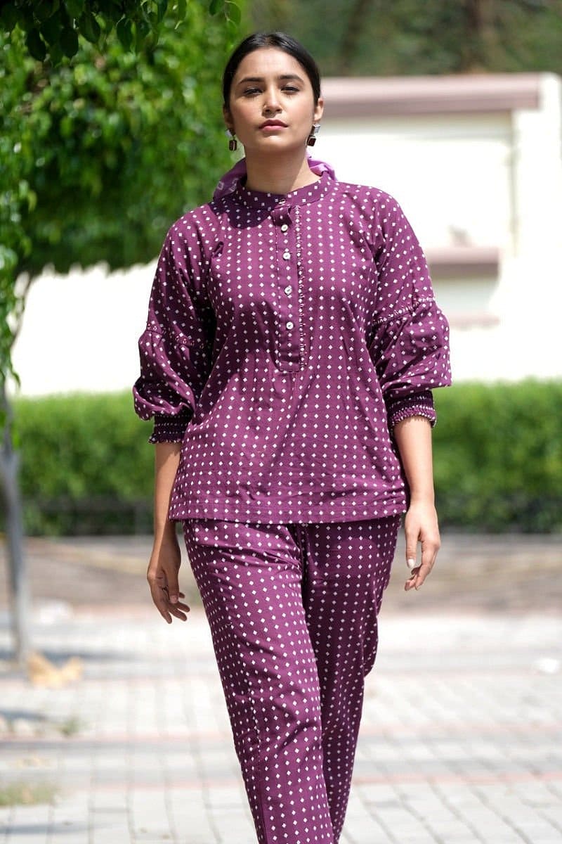 Purple Jaquard Butta Co-ord Set - Charkha TalesPurple Jaquard Butta Co-ord Set