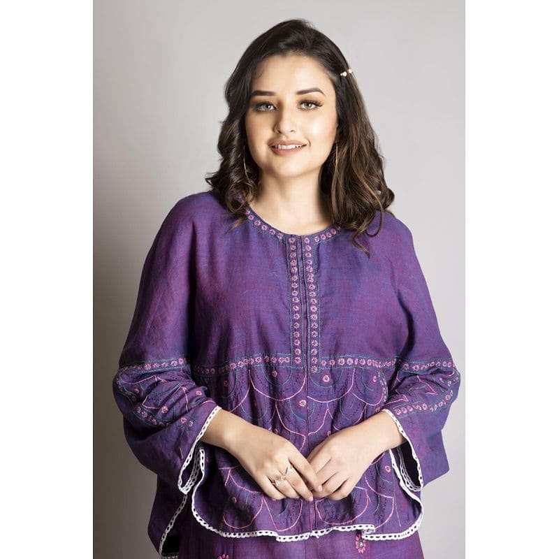 Purple Khadi Chikankari Top Set - Charkha TalesPurple Khadi Chikankari Top Set