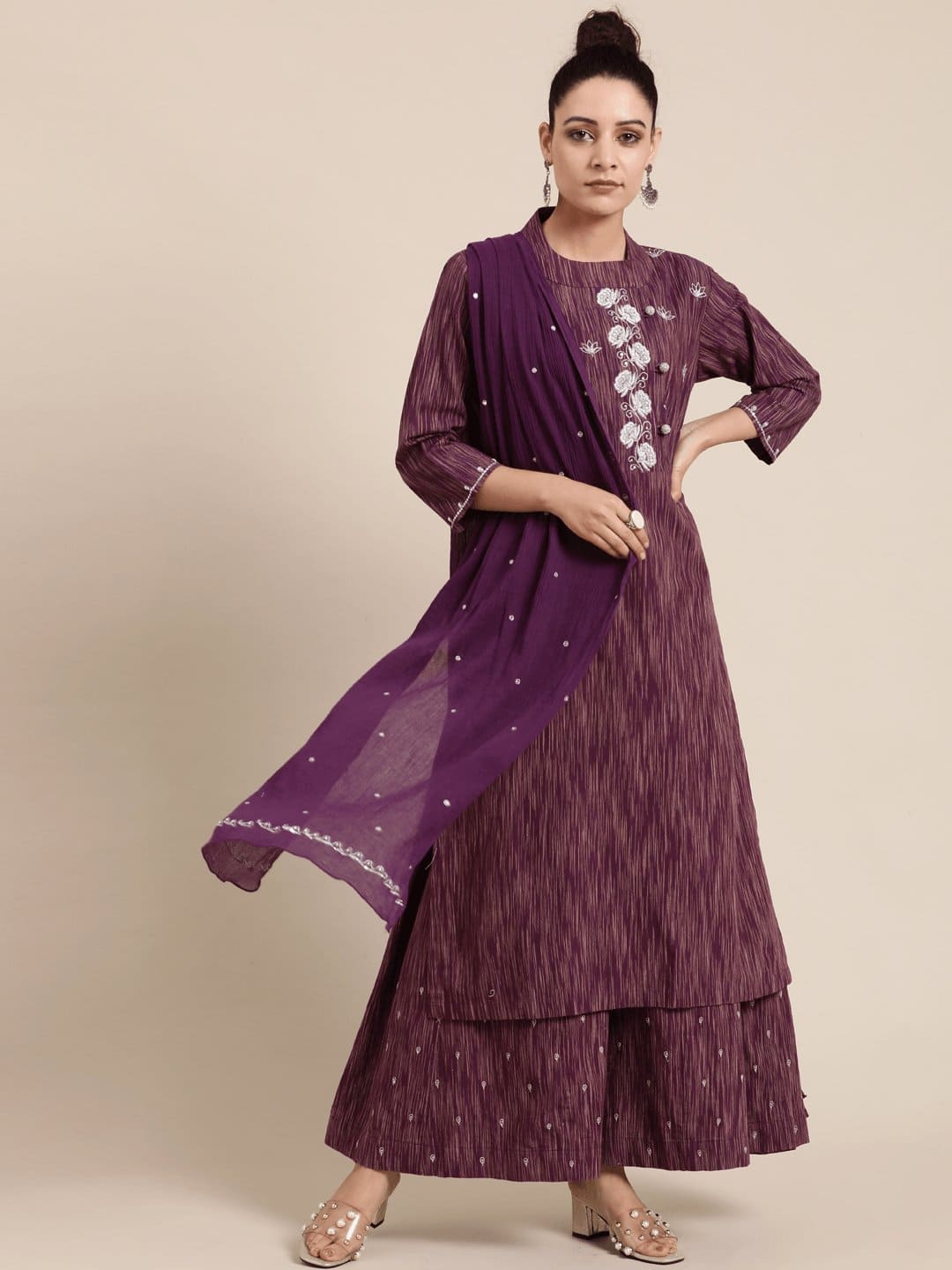 Purple Pearl Work Women Kurta Set - Charkha TalesPurple Pearl Work Women Kurta Set