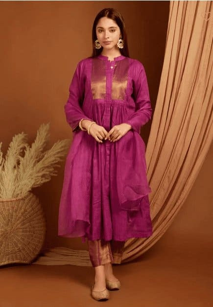 Rani Pink Zari Linen Kurta Set