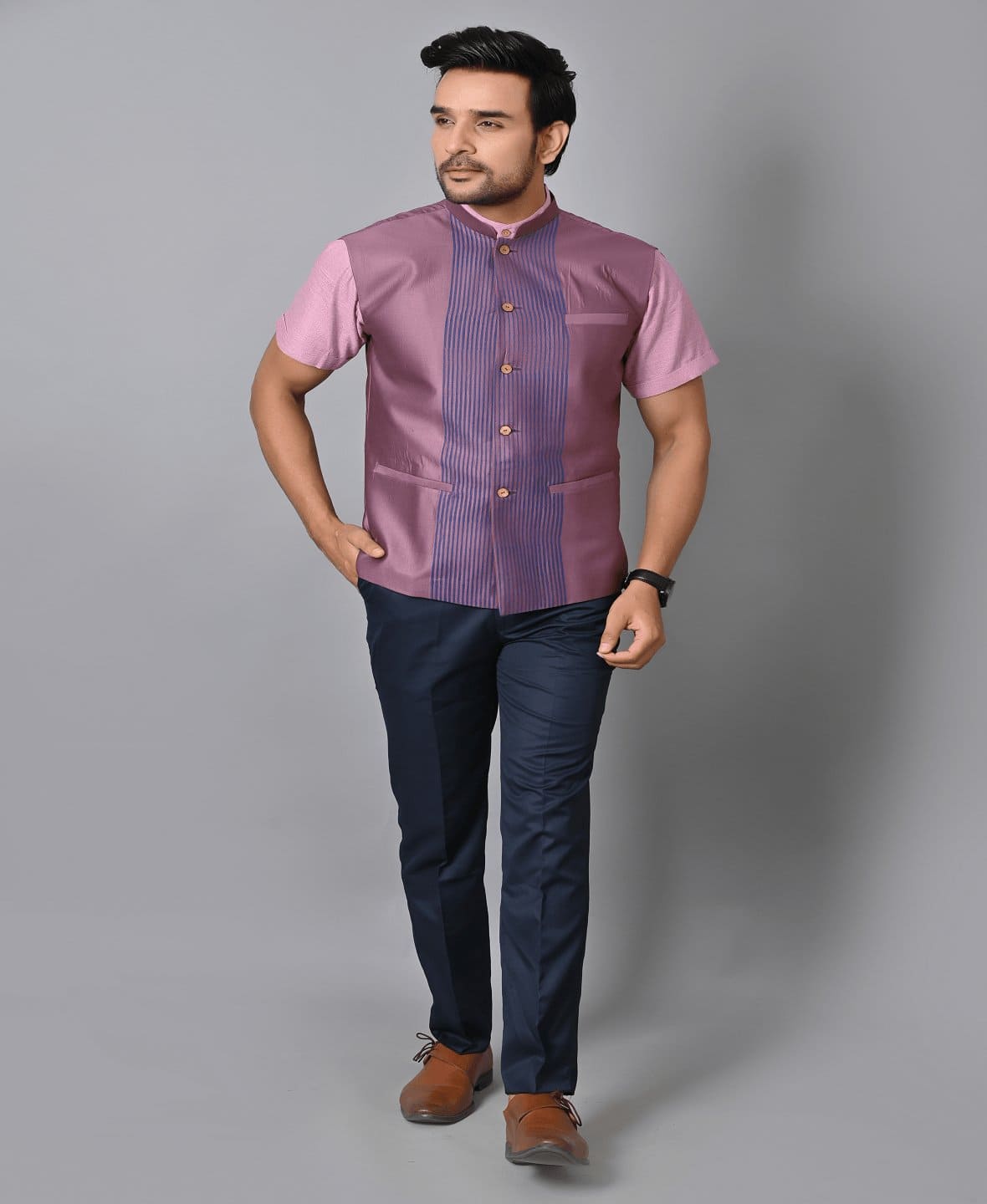 Purple Striped Men Nehru Jacket - Charkha TalesPurple Striped Men Nehru Jacket