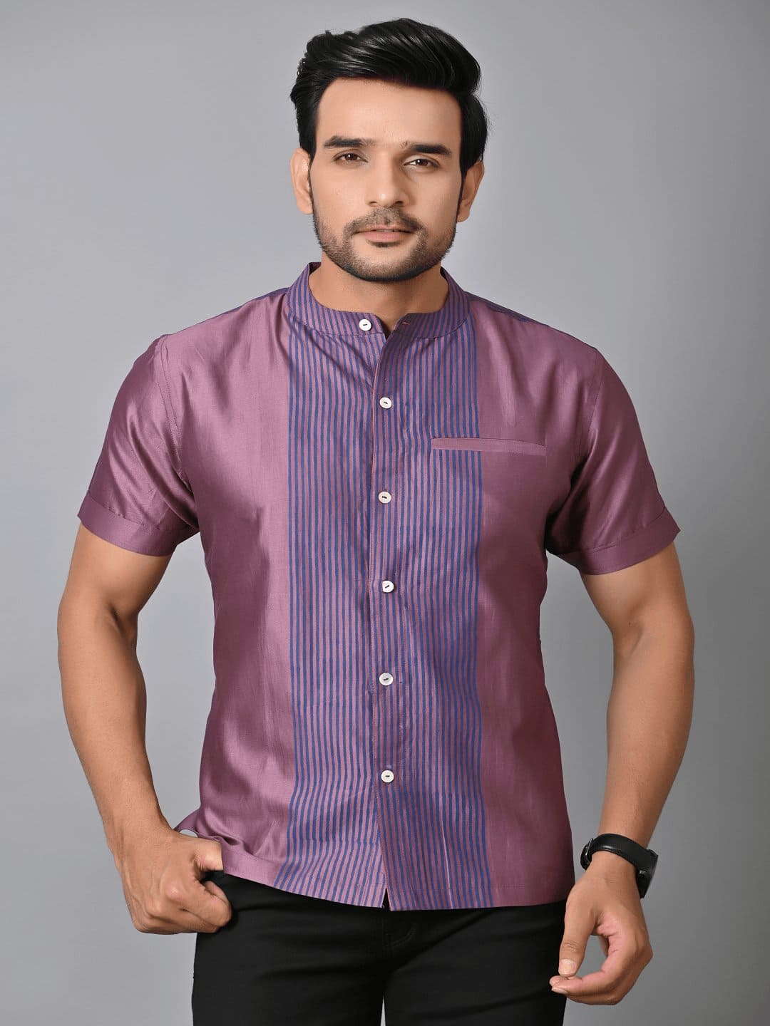 Purple Striped Men Silk Shirt - Charkha TalesPurple Striped Men Silk Shirt