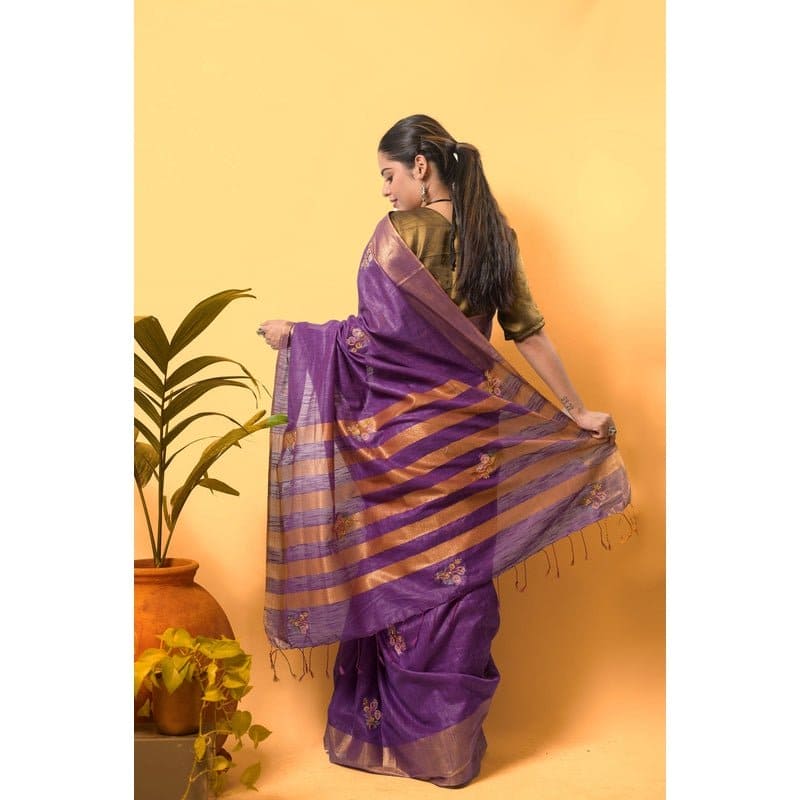 Purple Zari Linen Embroidered Saree - Charkha TalesPurple Zari Linen Embroidered Saree