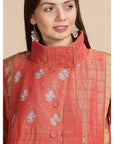 Red Banarsi Zari Quilted Jacket - Charkha TalesRed Banarsi Zari Quilted Jacket