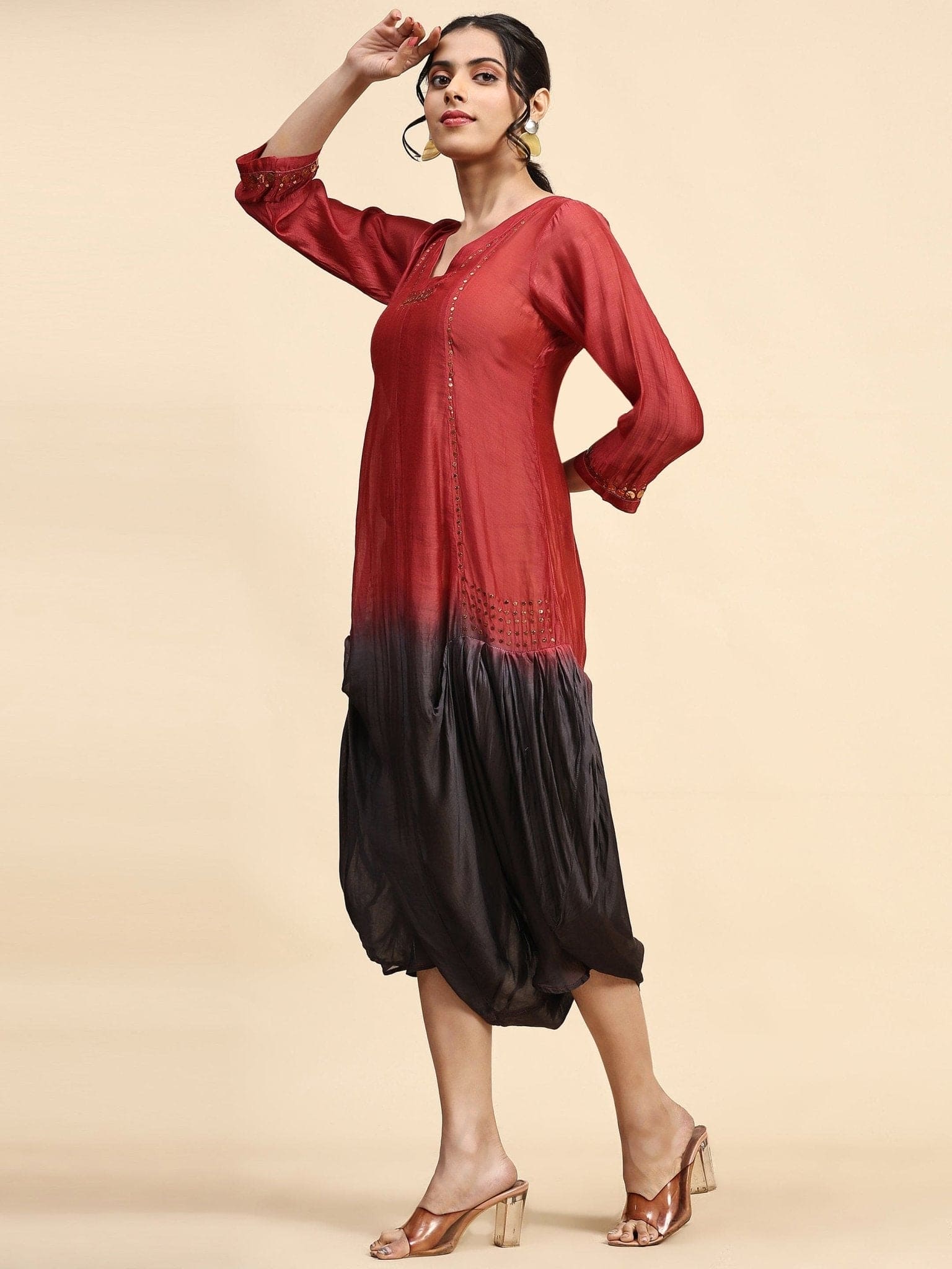 Red & Black Mukaish Chanderi Dress - Charkha TalesRed & Black Mukaish Chanderi Dress