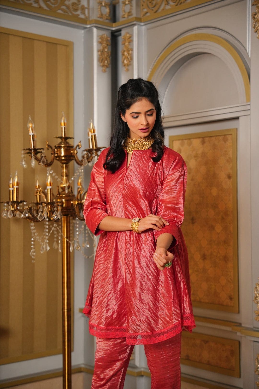 Red Chanderi Silk Co-ord Set - Charkha TalesRed Chanderi Silk Co-ord Set