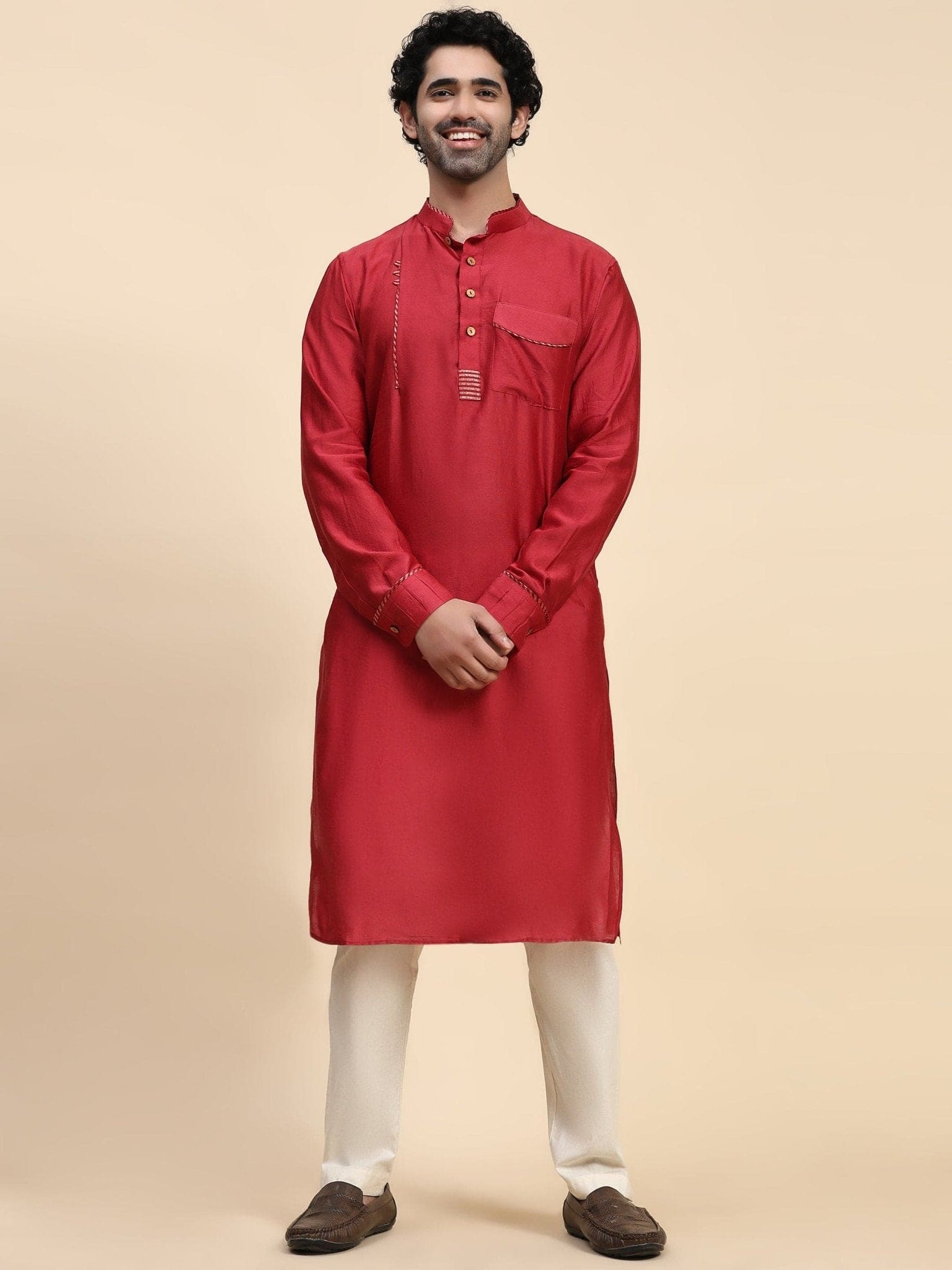 Red Chanderi Silk Men Kurta Set - Charkha TalesRed Chanderi Silk Men Kurta Set