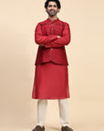 Red Chanderi Silk Men Kurta Set - Charkha TalesRed Chanderi Silk Men Kurta Set