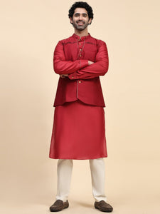 Chanderi Silk Men Kurta Set - Red