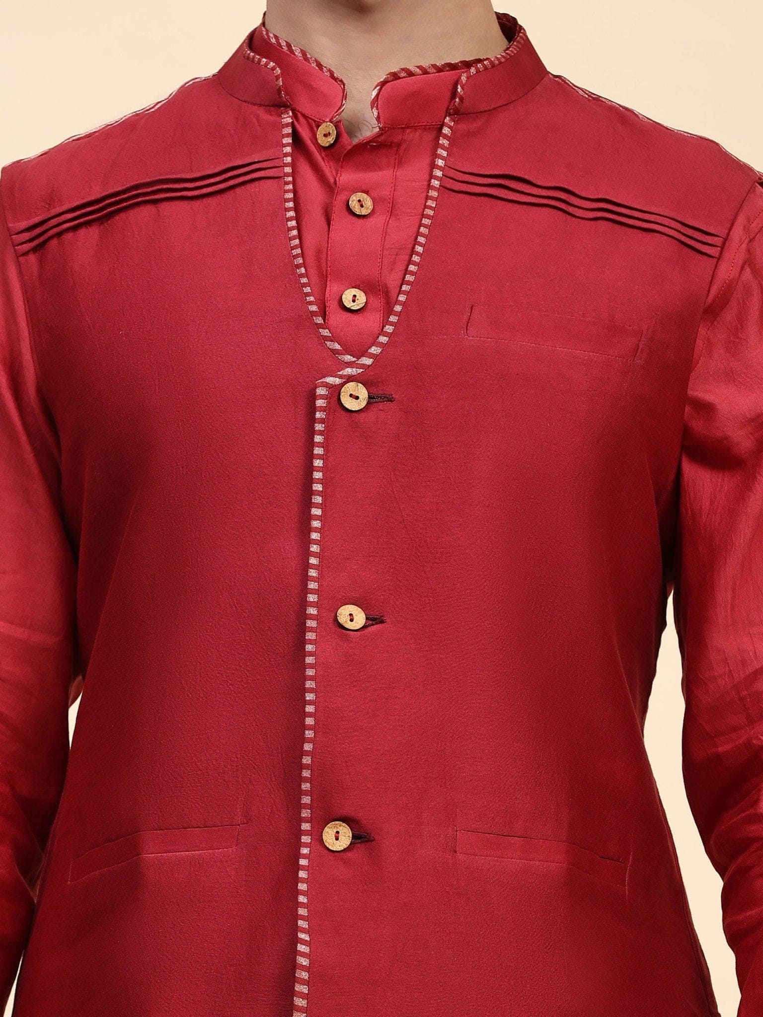 Red Chanderi Silk Men Kurta Set - Charkha TalesRed Chanderi Silk Men Kurta Set