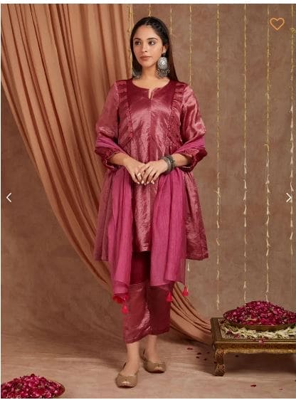 Red Chanderi Silk Suit- Set of 3 - Charkha TalesRed Chanderi Silk Suit- Set of 3