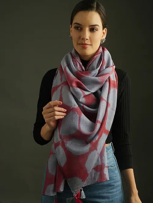 Red Clamp Dye Chanderi Silk Scarf - Charkha TalesRed Clamp Dye Chanderi Silk Scarf