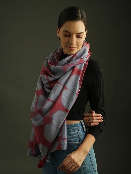 Red Clamp Dye Chanderi Silk Scarf - Charkha TalesRed Clamp Dye Chanderi Silk Scarf