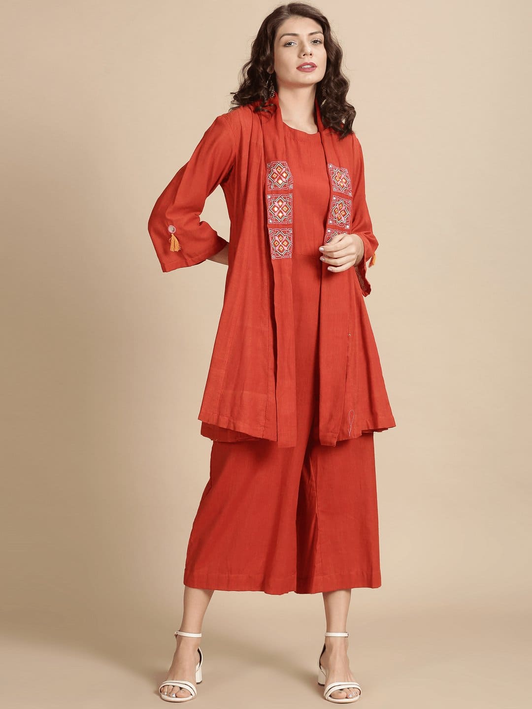 Red Cotton Jumpsuit with Shrug Set - Charkha TalesRed Cotton Jumpsuit with Shrug Set