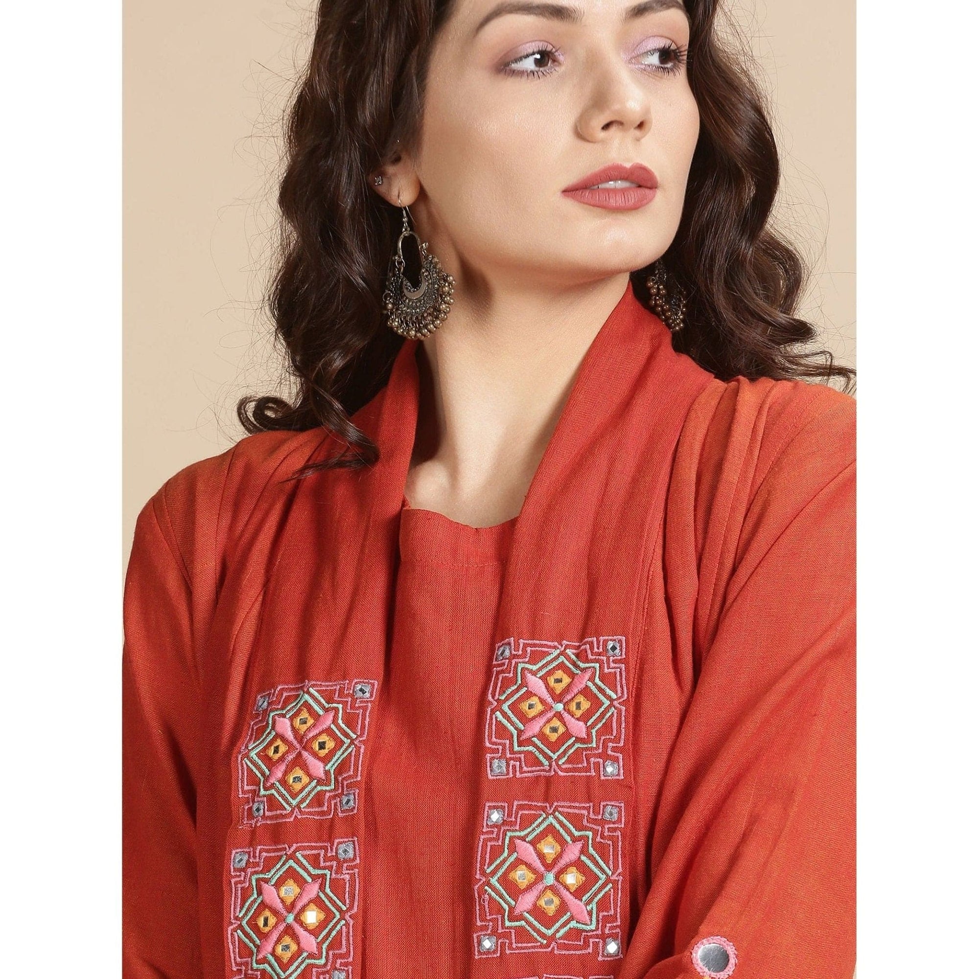 Red Cotton Jumpsuit with Shrug Set - Charkha TalesRed Cotton Jumpsuit with Shrug Set
