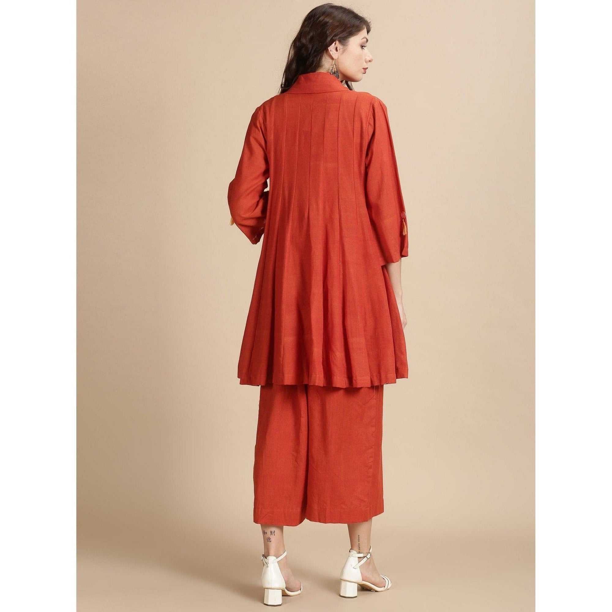 Red Cotton Jumpsuit with Shrug Set - Charkha TalesRed Cotton Jumpsuit with Shrug Set
