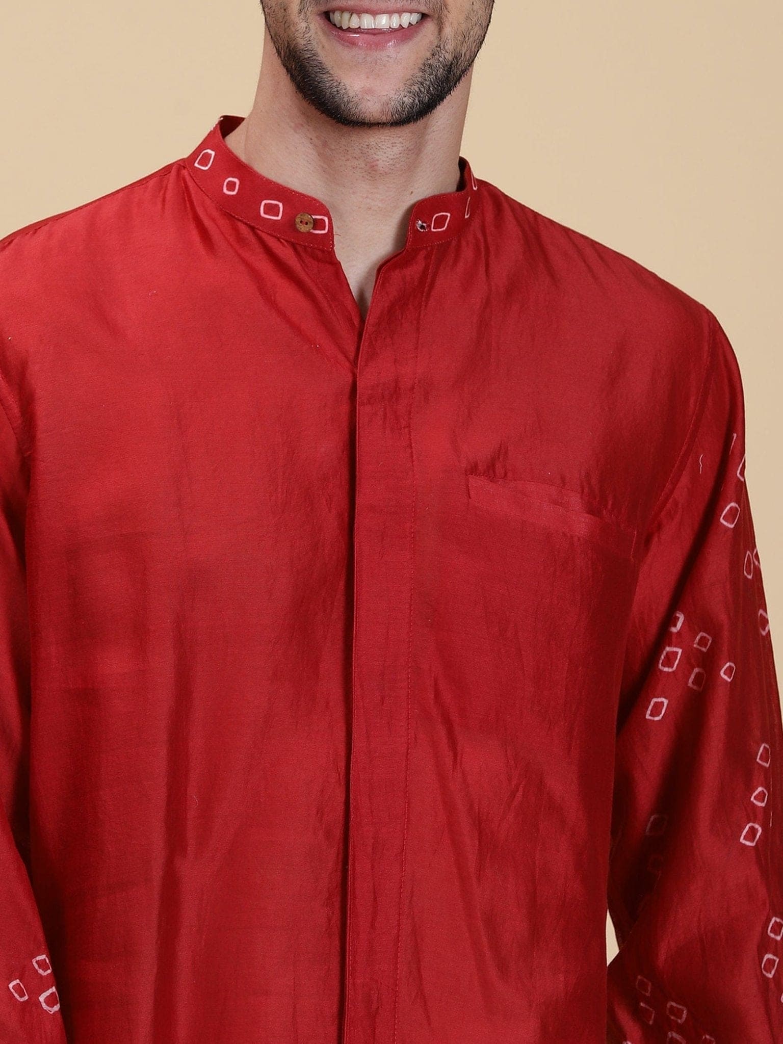 Red Hand Craft Tie Dye Silk Shirt - Charkha TalesRed Hand Craft Tie Dye Silk Shirt