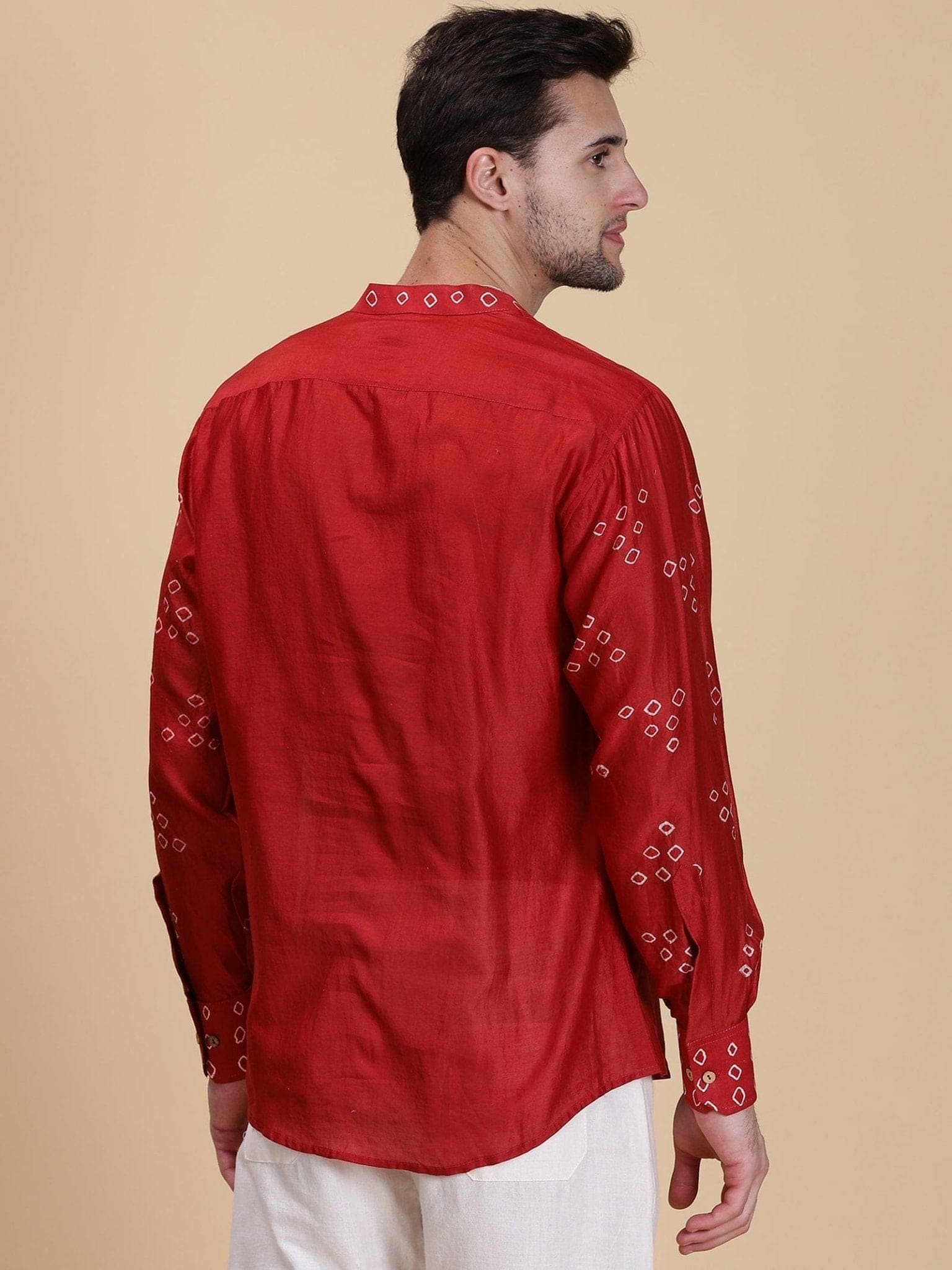 Red Hand Craft Tie Dye Silk Shirt - Charkha TalesRed Hand Craft Tie Dye Silk Shirt
